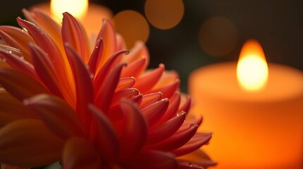 Fototapeta premium Chrysanthemum flower with lit candles warm lighting