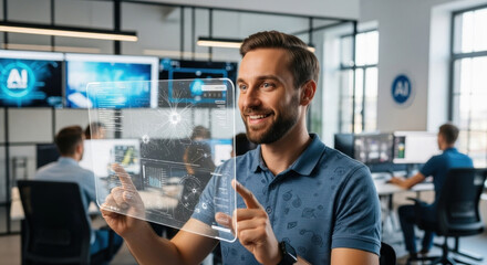 Young man interacting with a holographic display in a modern tech office, showcasing AI innovations