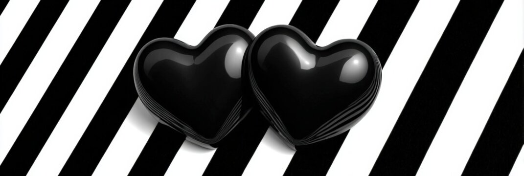 Two black hearts on a white and black striped background