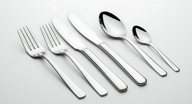 Polished stainless steel cutlery set on a light background