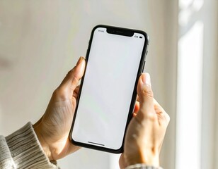 Close-up view of person's hands delicately holding a sleek smartphone featuring a luminous empty screen, ideal for customizable digital mock-ups and app content