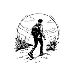 Illustrative artwork of a traveler with backpack exploring the mountains outdoor adventure scenic