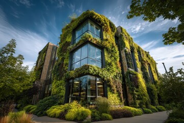 Obraz premium Modern building features vibrant living walls and lush landscaping, showcasing sustainable architecture and eco-friendly urban design in a green city concept