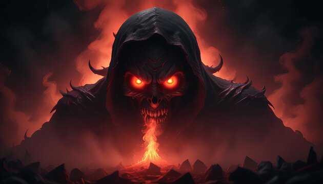 Demon skull hooded figure fiery hellscape