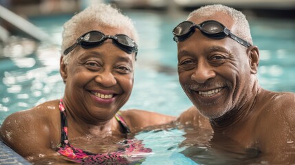 Obraz premium elderly black couple smiling and swimming in a pool