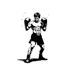 Obraz premium Intense monochromatic depiction of a muscular boxer displaying focus and readiness in the ring