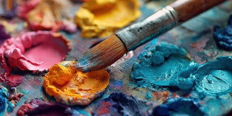 Obraz premium Close-up of artist's palette with various paint colors and a brush