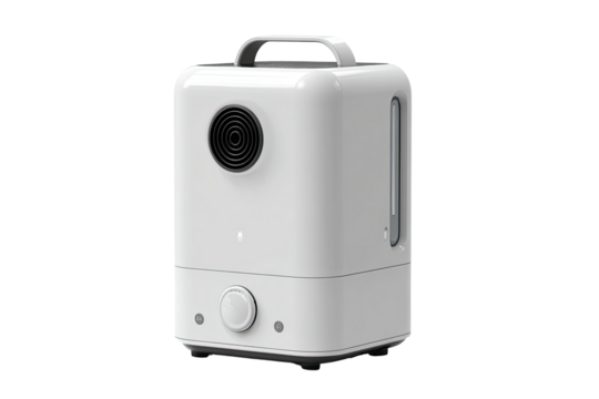 White, square humidifier with handles and controls.  Compact, modern design.  Features a circular vent and two small, round controls