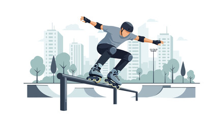 Flat illustration of a skater performing an aggressive inline grind on a rail at an urban skate park, representing extreme sports, balance, youth culture, and modern active lifestyle