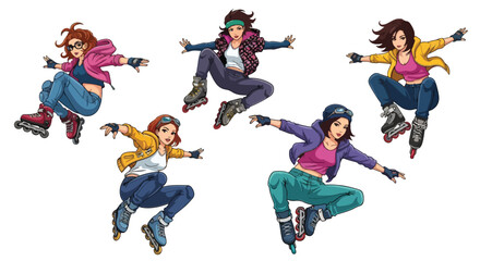Vector art of young women rollerblading with dynamic tricks and stunts, showcasing urban street style, energy, and action sports culture, ideal for lifestyle, youth, and fitness concepts