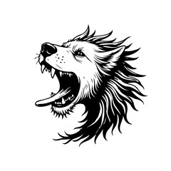 Monochrome depiction portraying aggressive canid head detailed with fierce expression exhibiting