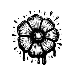 Monochrome floral design featuring a blooming flower with ink drops suggesting artistic expression