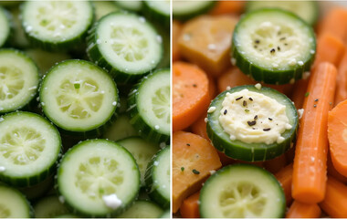 Close-ups of wholesome snacks (like carrots with hummus or cucumbers with cheese)
