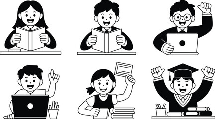 Students education illustrations, reading books, using laptops, holding certificates, graduation celebration, study activities, classroom learning, academic success concept, vector design