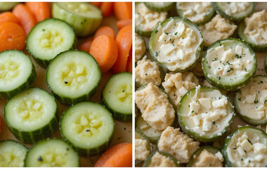 Close-ups of wholesome snacks (like carrots with hummus or cucumbers with cheese)