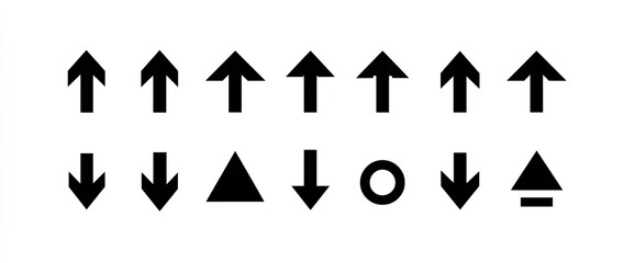 A collection of black directional arrows, including upward pointing, downward pointing, triangular, and circular symbols, on a white background