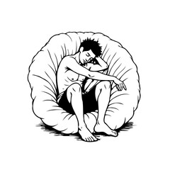 Monochrome illustration depicting peaceful repose an athletic man relaxing inside of a soft