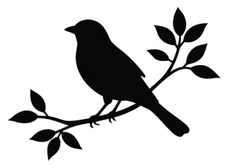 Black silhouette of a bird sitting on a branch with leaves design