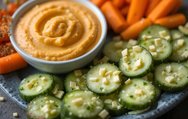 Close-ups of wholesome snacks (like carrots with hummus or cucumbers with cheese)