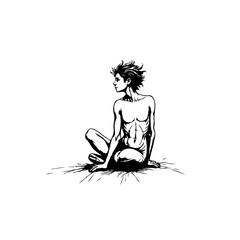 Monochrome illustration of a slender individual seated in a contemplative pose with a textured