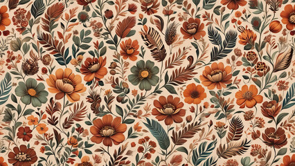 Bohemian floral pattern with feathers and berries in earthy tones