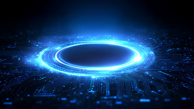 Neon light blue circle portal with electronics elements and wires are on a futuristic technology circuit board. Technology sky-fi background. Round glowing HUD with space for text. Vector tech bg.