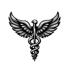 Obraz premium Monochrome medical symbol vector illustrating healthcare profession with eagle and snakes