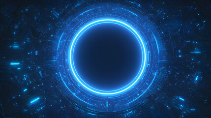 Neon light blue circle portal with electronics elements and wires are on a futuristic technology circuit board. Technology sky-fi background. Round glowing HUD with space for text. Vector tech bg.