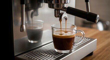 Espresso machine brewing coffee into clear glasses