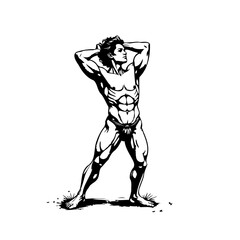 Fototapeta premium Monochrome physique illustration depicting a muscular male figure in a poised stance reflecting