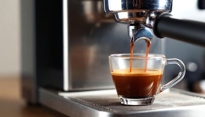 Espresso machine brewing coffee into glass