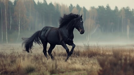 A dark horse gallops across the field. Freedom and beauty.