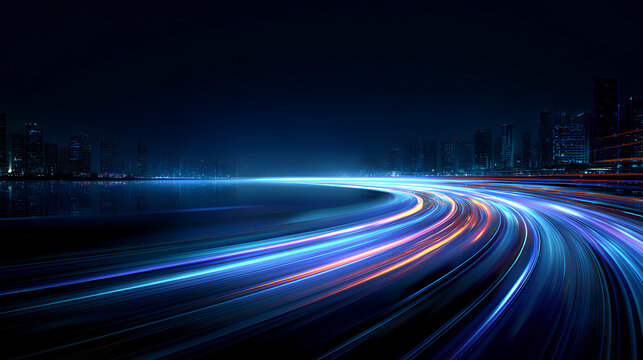 Night splash motion in futuristic speed trail with blue glow. Flash explosion effect, light blur and colorful beam, city stripes and line road movement in curve design. Stock Illustration