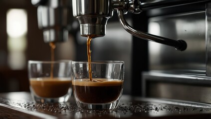 Espresso machine pouring coffee into glasses
