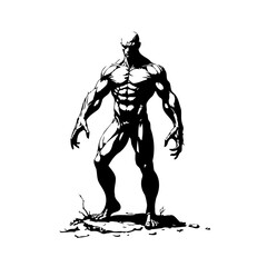 Powerful muscular figure illustration showcasing strength and intensity in a dynamic black and
