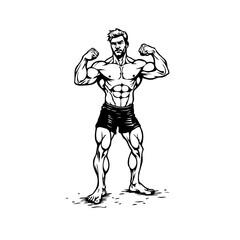 Powerful muscular man flexing biceps and displaying physique in artistic monochrome vector