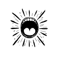 Screaming mouth emitting energy rays expressing strong feelings in graphic monochrome stylized