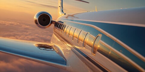 Luxurious jet soaring through sunset clouds