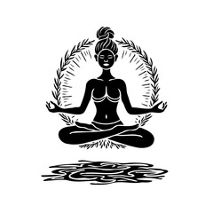 Serene silhouette meditating above abstract water design surrounded by naturalistic wreath artwork