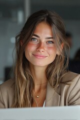 Smiling pretty woman working on laptop in office
