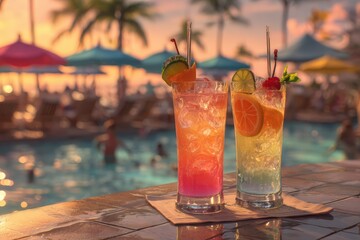 Colorful cocktails by a pool at sunset (1)