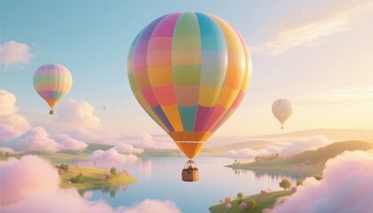 Naklejka premium Colorful hot air balloons floating over serene lake and clouds 