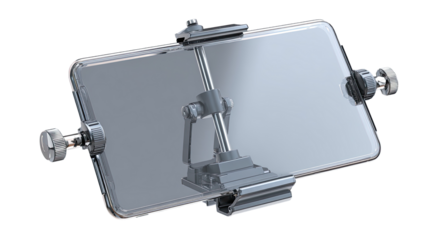 Clear protective enclosure for a tablet device, featuring a  mechanical arm assembly