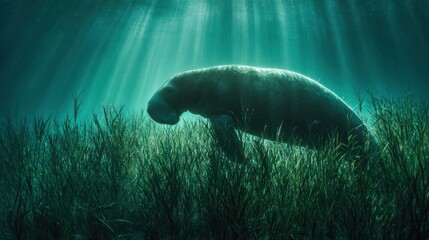 Fototapeta premium Gentle Giant: Manatee Grazing Underwater in Seagrass with Sun Rays