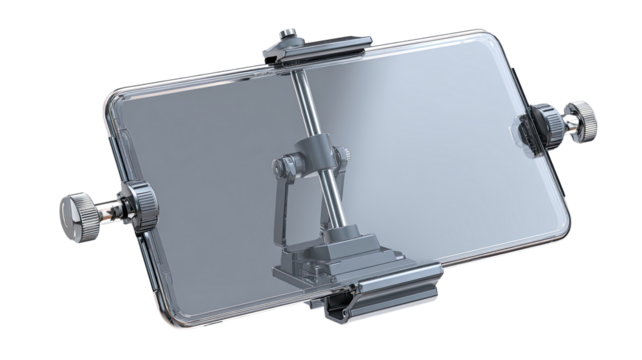 Clear protective enclosure for a tablet device, featuring a  mechanical arm assembly