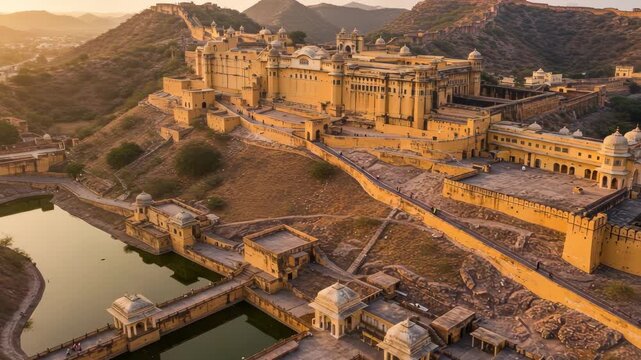 Drone Aerial View of Amber Fort with Sandstone Walls and Lake Reflection