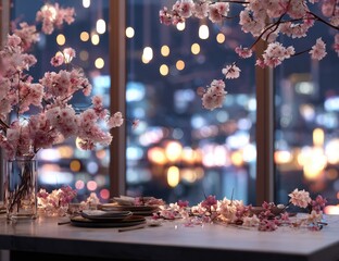 Cherry blossoms adorn a table at night