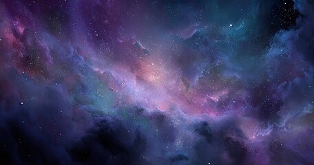 Fototapeta premium A cosmic vista of swirling nebulae in hues of deep purple, teal, and pink, interspersed with countless stars, creating a celestial dreamscape