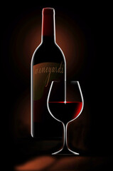 A dramatic rim light outlines a bottle and glass of red wine with light sparkling on the surface of the wine.