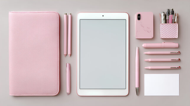Pastel Pink Stationery Flat Lay: Pens, iPad Case, and Blank Card